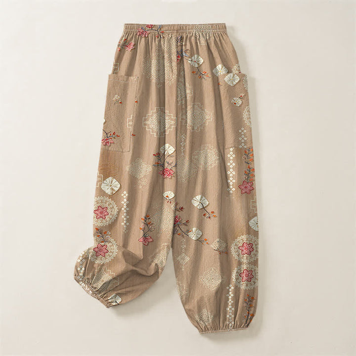 Buddha Stones Pantalones harem de algodón con estampado floral geométrico vintage para mujer, cintura elástica y bolsillos laterales. - image 4