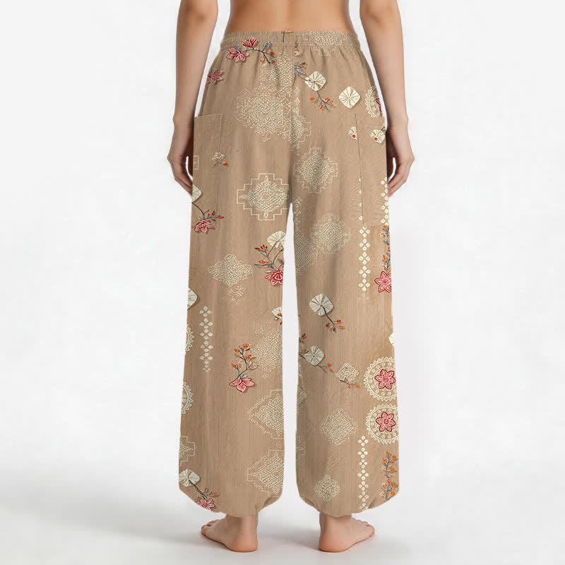 Buddha Stones Pantalones harem de algodón con estampado floral geométrico vintage para mujer, cintura elástica y bolsillos laterales. - image 2
