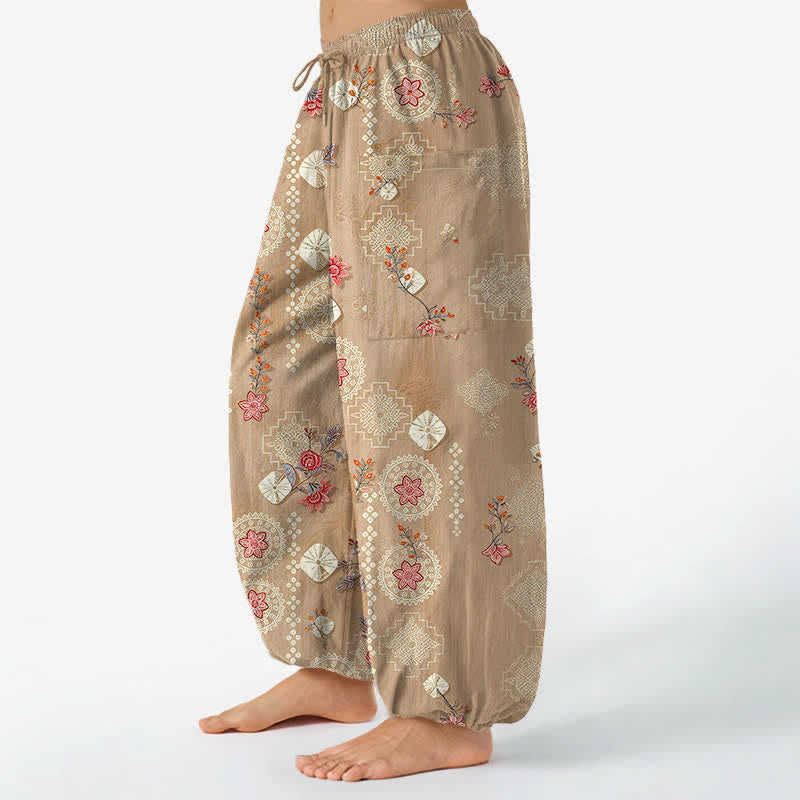 Buddha Stones Pantalones harem de algodón con estampado floral geométrico vintage para mujer, cintura elástica y bolsillos laterales. - image 1