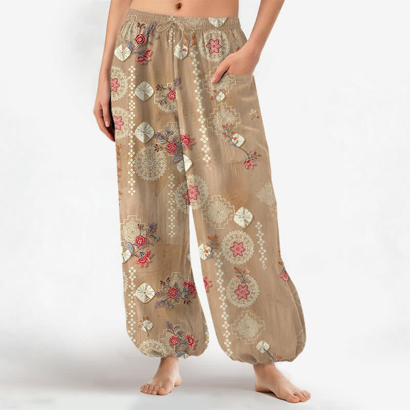 Buddha Stones Pantalones harem de algodón con estampado floral geométrico vintage para mujer, cintura elástica y bolsillos laterales. - BurlyWood - US16，UK/AU20，EU48 (3XL) - image 0