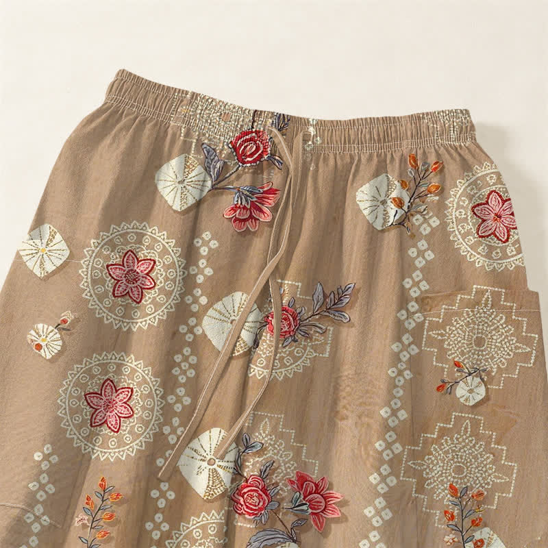 Buddha Stones Pantalones harem de algodón con estampado floral geométrico vintage para mujer, cintura elástica y bolsillos laterales. - image 5