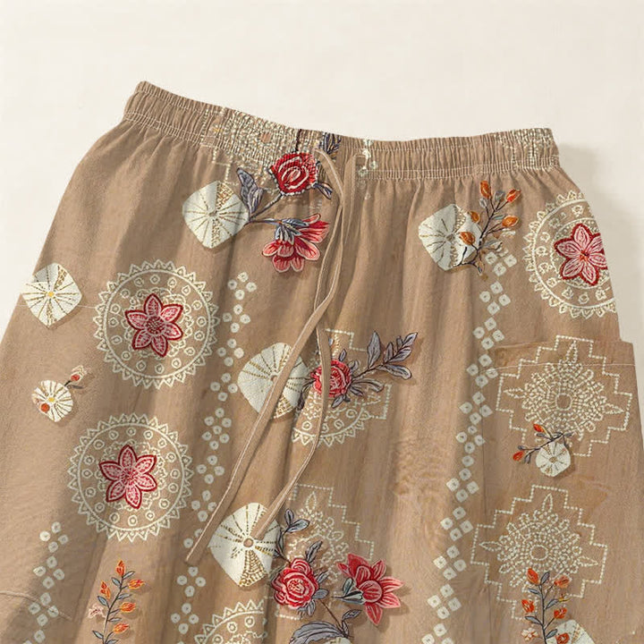 Buddha Stones Pantalones harem de algodón con estampado floral geométrico vintage para mujer, cintura elástica y bolsillos laterales. - image 5