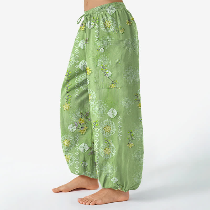 Buddha Stones Pantalones harem de algodón con estampado floral geométrico vintage para mujer, cintura elástica y bolsillos laterales. - image 8