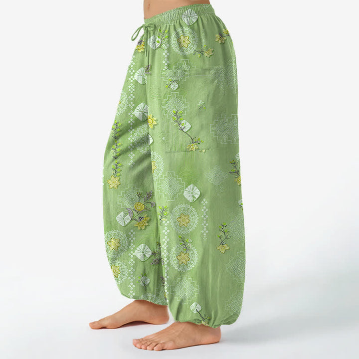 Buddha Stones Pantalones harem de algodón con estampado floral geométrico vintage para mujer, cintura elástica y bolsillos laterales. - image 8