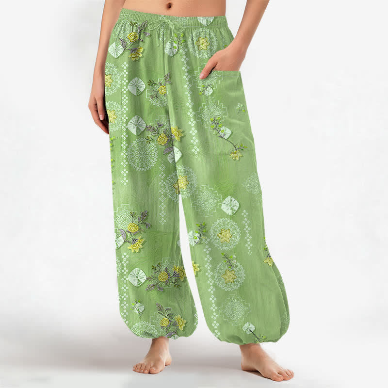 Buddha Stones Pantalones harem de algodón con estampado floral geométrico vintage para mujer, cintura elástica y bolsillos laterales. - Verde claro - US16，UK/AU20，EU48 (3XL) - image 7