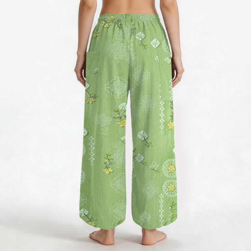 Buddha Stones Pantalones harem de algodón con estampado floral geométrico vintage para mujer, cintura elástica y bolsillos laterales. - image 9