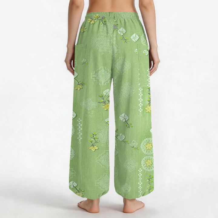 Buddha Stones Pantalones harem de algodón con estampado floral geométrico vintage para mujer, cintura elástica y bolsillos laterales. - image 9