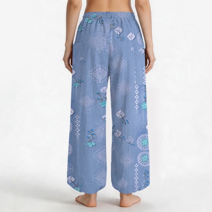 Buddha Stones Pantalones harem de algodón con estampado floral geométrico vintage para mujer, cintura elástica y bolsillos laterales. - image 12