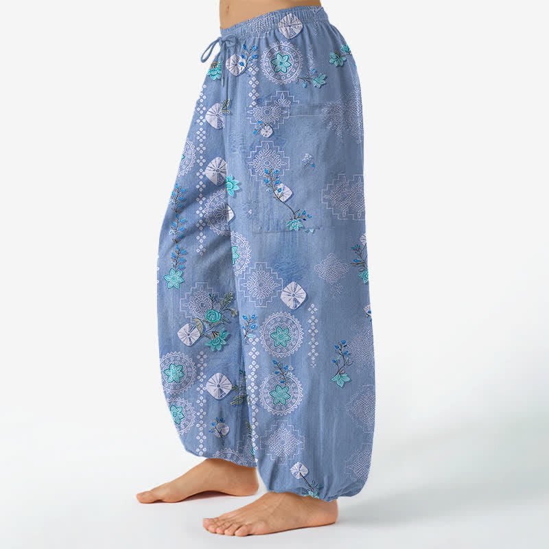 Buddha Stones Pantalones harem de algodón con estampado floral geométrico vintage para mujer, cintura elástica y bolsillos laterales. - image 11