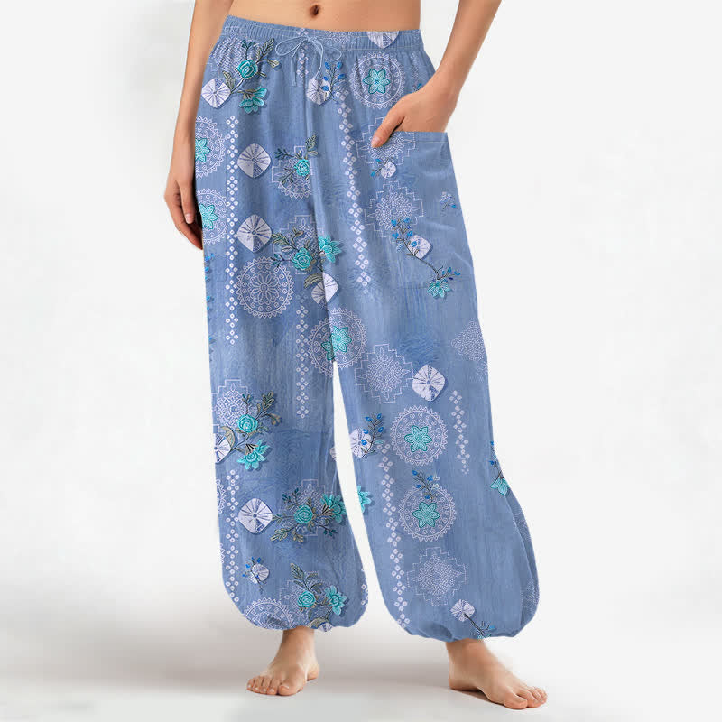 Buddha Stones Pantalones harem de algodón con estampado floral geométrico vintage para mujer, cintura elástica y bolsillos laterales. - Azul acero - US16，UK/AU20，EU48 (3XL) - image 10