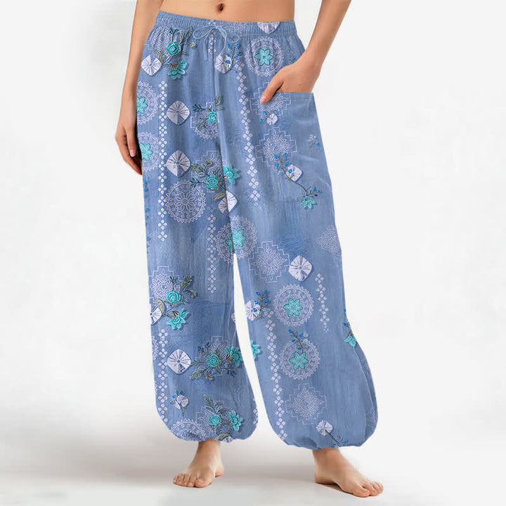 Buddha Stones Pantalones harem de algodón con estampado floral geométrico vintage para mujer, cintura elástica y bolsillos laterales. - Azul acero - US16，UK/AU20，EU48 (3XL) - image 10