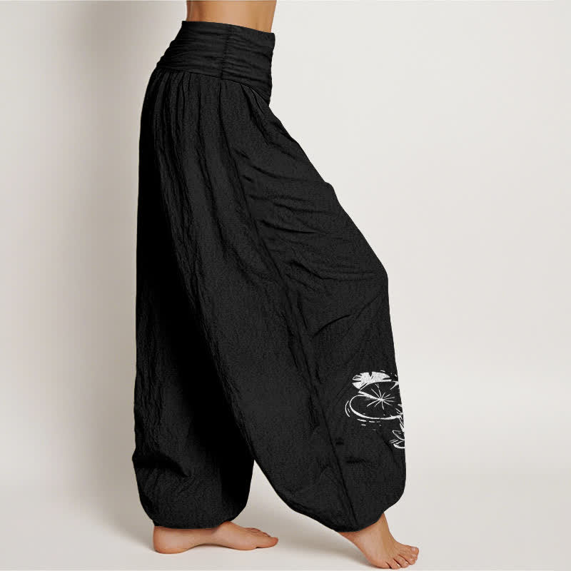 Buddha Stones Pantalones harem de mujer con cintura elástica y estampado de loto koi, de algodón puro. - image 1
