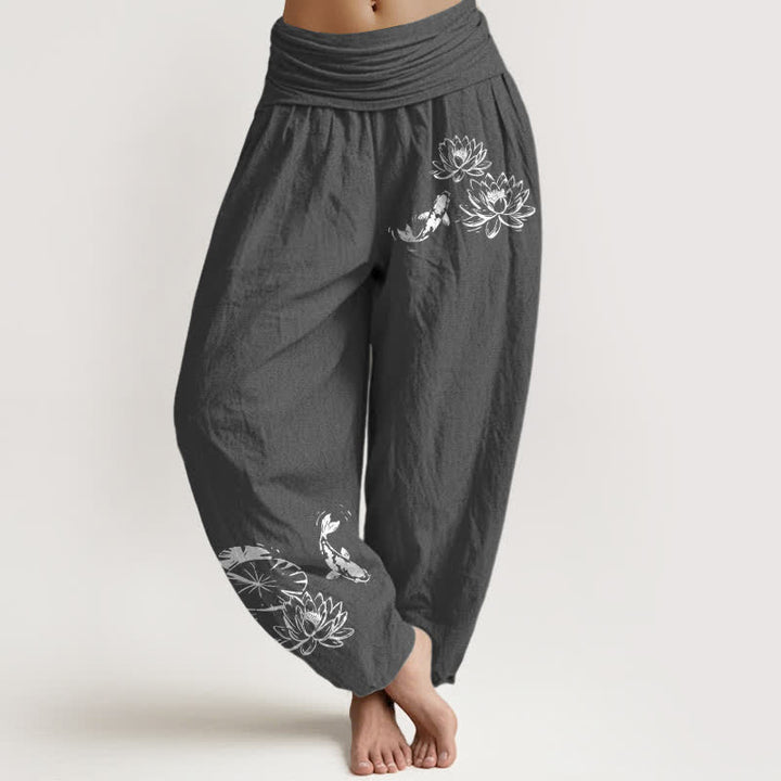 Buddha Stones Pantalones harem de mujer con cintura elástica y estampado de loto koi, de algodón puro. - Gris oscuro - US16，UK/AU20，EU48 (3XL) - image 5