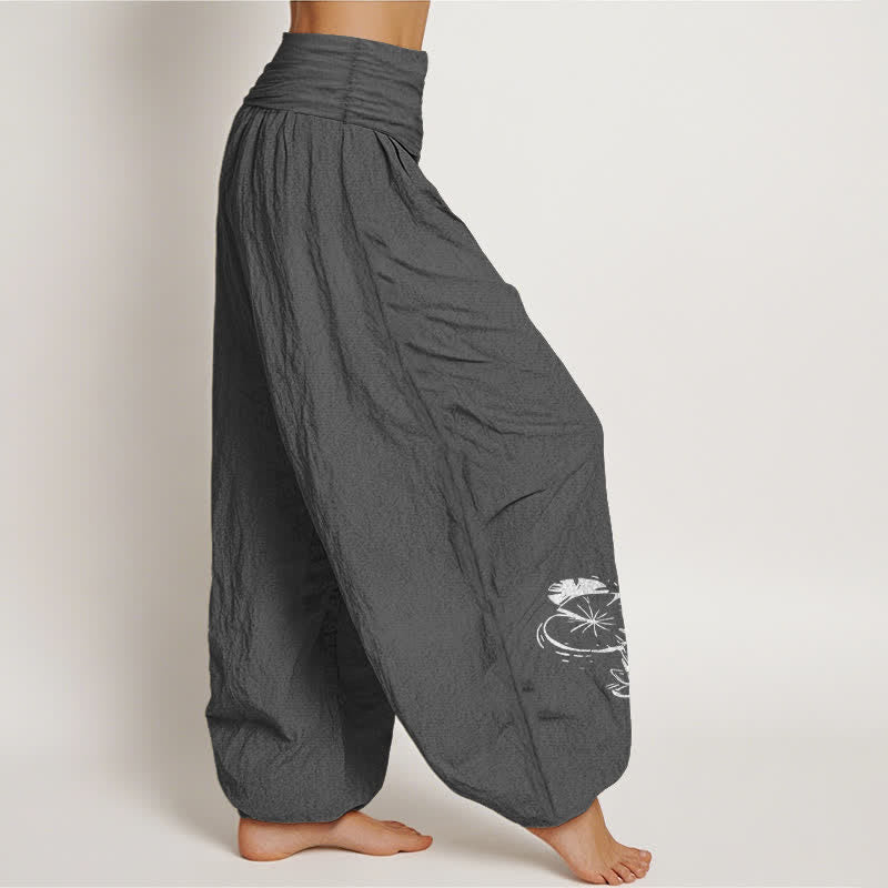 Buddha Stones Pantalones harem de mujer con cintura elástica y estampado de loto koi, de algodón puro. - image 6