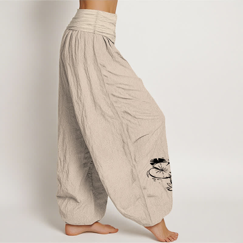 Buddha Stones Pantalones harem de mujer con cintura elástica y estampado de loto koi, de algodón puro. - image 9