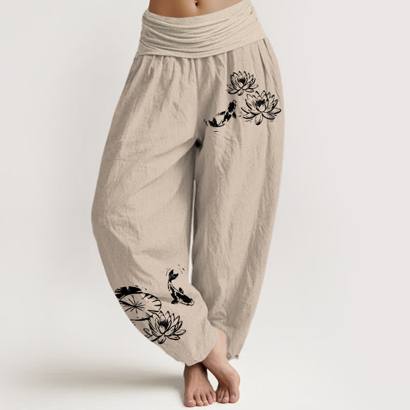 Buddha Stones Pantalones harem de mujer con cintura elástica y estampado de loto koi, de algodón puro. - Broncearse - US16，UK/AU20，EU48 (3XL) - image 8