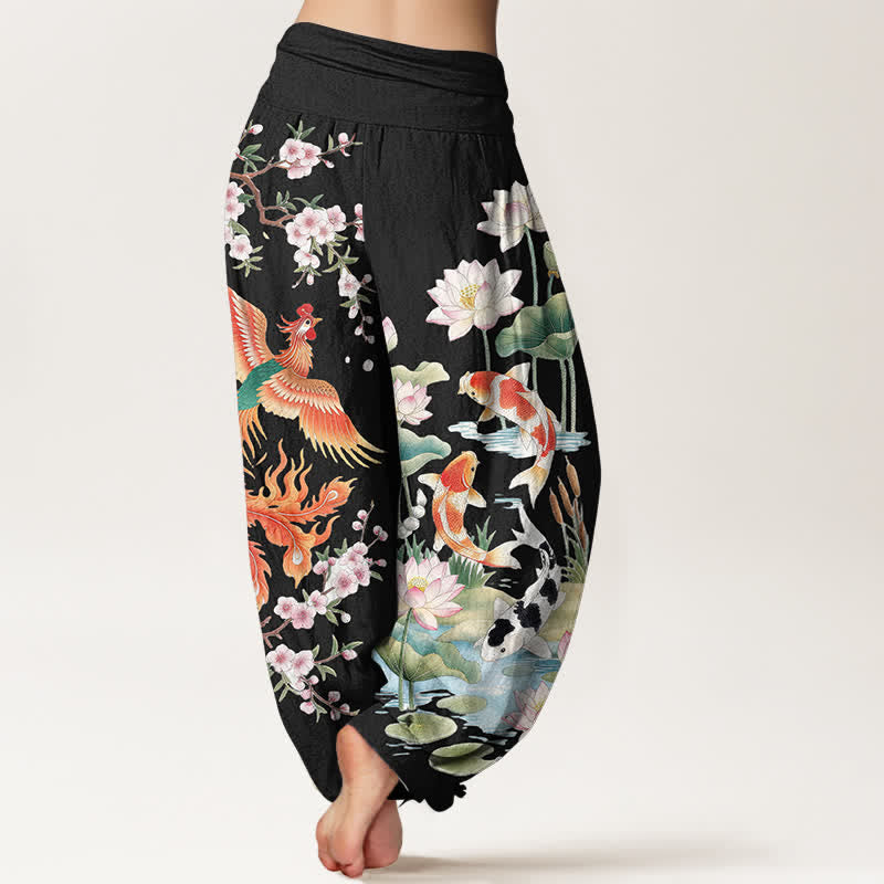 Buddha Stones Pantalones harem de mujer con cintura elástica y estampado de loto koi y fénix de algodón. - image 2