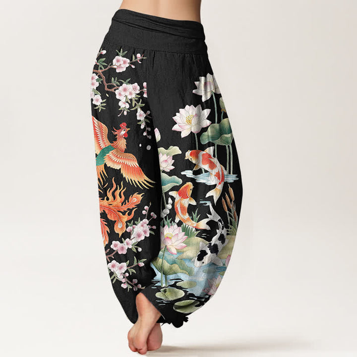 Buddha Stones Pantalones harem de mujer con cintura elástica y estampado de loto koi y fénix de algodón. - image 2
