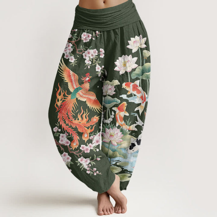 Buddha Stones Pantalones harem de mujer con cintura elástica y estampado de loto koi y fénix de algodón. - Verde oliva oscuro - US16，UK/AU20，EU48 (3XL) - image 5