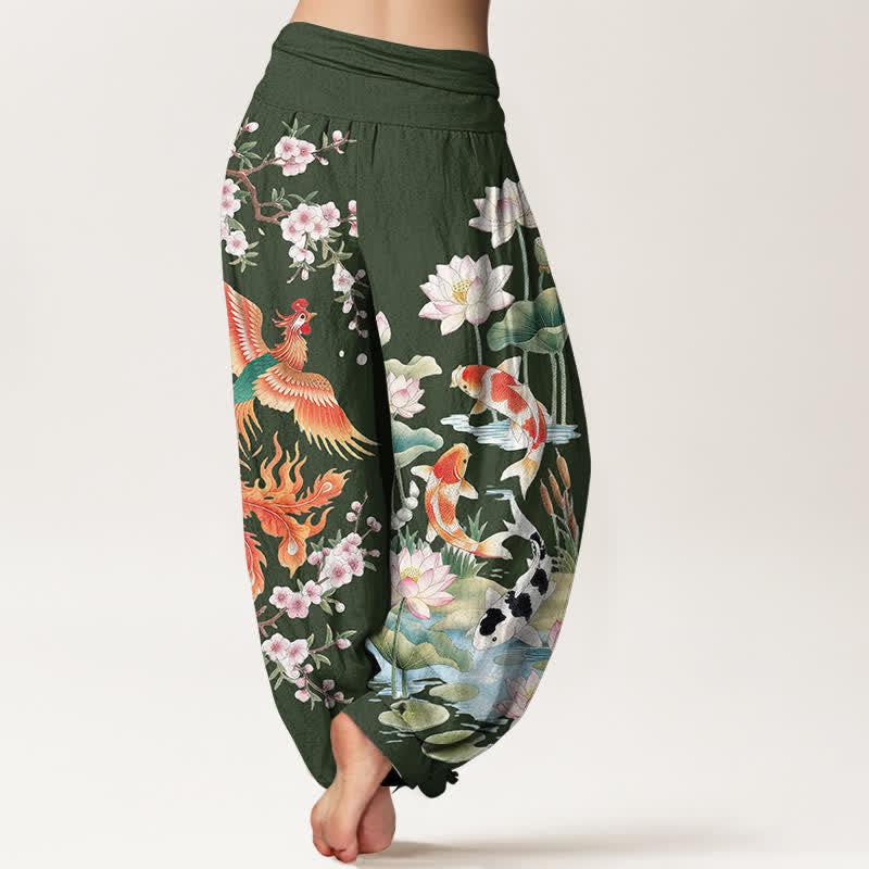 Buddha Stones Pantalones harem de mujer con cintura elástica y estampado de loto koi y fénix de algodón. - image 7