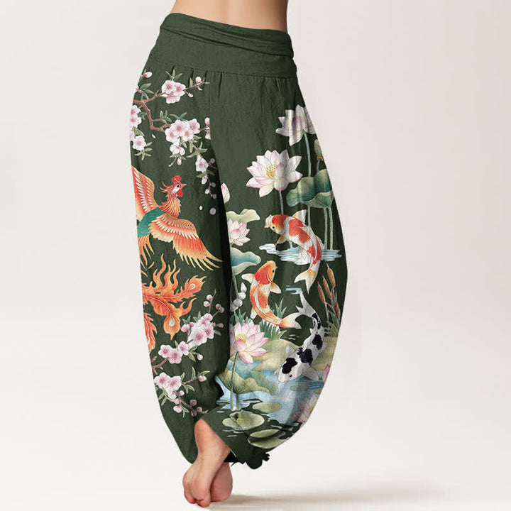 Buddha Stones Pantalones harem de mujer con cintura elástica y estampado de loto koi y fénix de algodón. - image 7