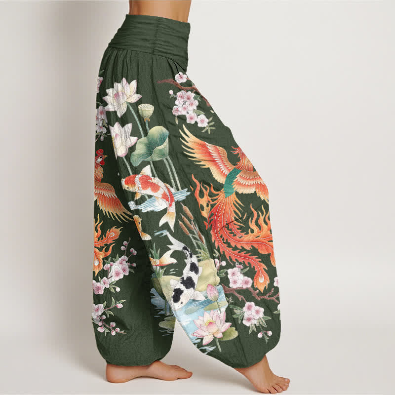 Buddha Stones Pantalones harem de mujer con cintura elástica y estampado de loto koi y fénix de algodón. - image 6