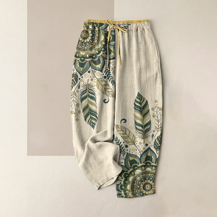 Buddha Stones Pantalones de mujer de algodón puro con elegante estampado floral bohemio, cintura elástica y bolsillos. - Verde - US16，UK/AU20，EU48 (3XL) - image 3
