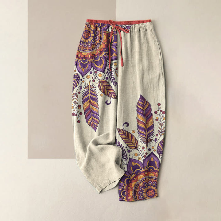 Buddha Stones Pantalones de mujer de algodón puro con elegante estampado floral bohemio, cintura elástica y bolsillos. - Orquídea oscura - US16，UK/AU20，EU48 (3XL) - image 4