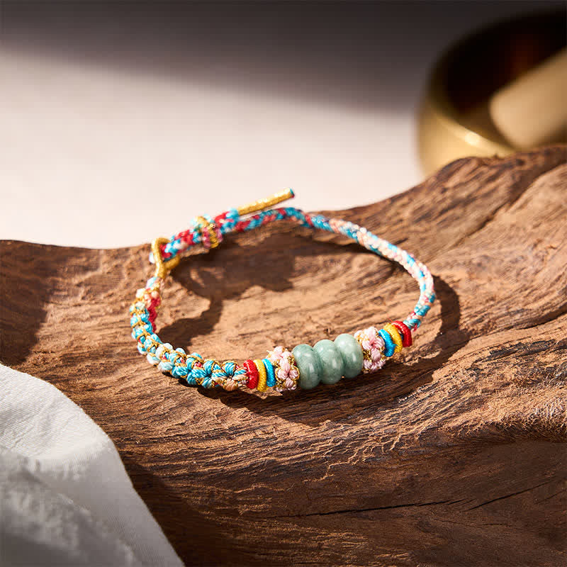 Buddha Stones Pulsera de cuerda de jade multicolor con flor de durazno tejida a mano para la buena suerte - image 5