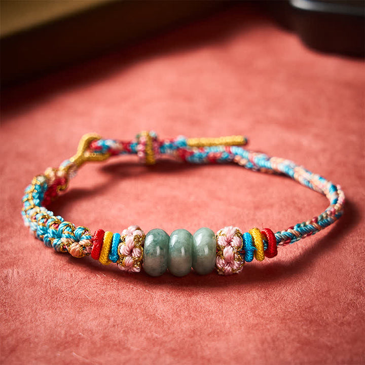 Buddha Stones Pulsera de cuerda de jade multicolor con flor de durazno tejida a mano para la buena suerte - image 1