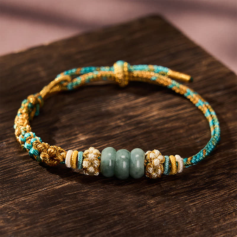Buddha Stones Pulsera de cuerda de jade multicolor con flor de durazno tejida a mano para la buena suerte - Verde (circunferencia de la muñeca: 15-19 cm) - image 11