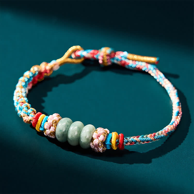 Buddha Stones Pulsera de cuerda de jade multicolor con flor de durazno tejida a mano para la buena suerte - image 4