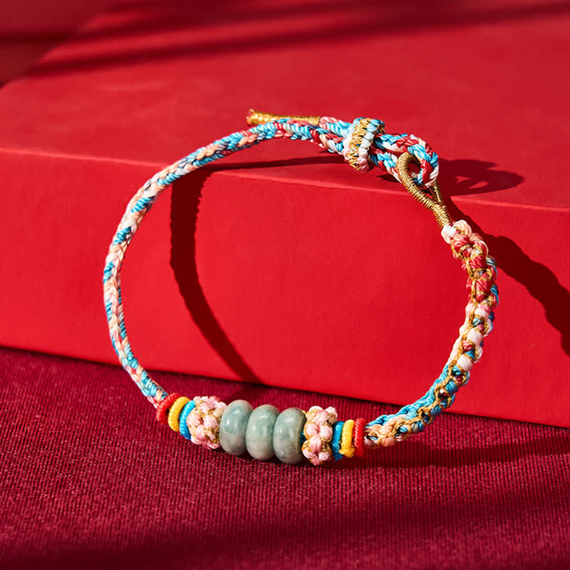 Buddha Stones Pulsera de cuerda de jade multicolor con flor de durazno tejida a mano para la buena suerte - image 2