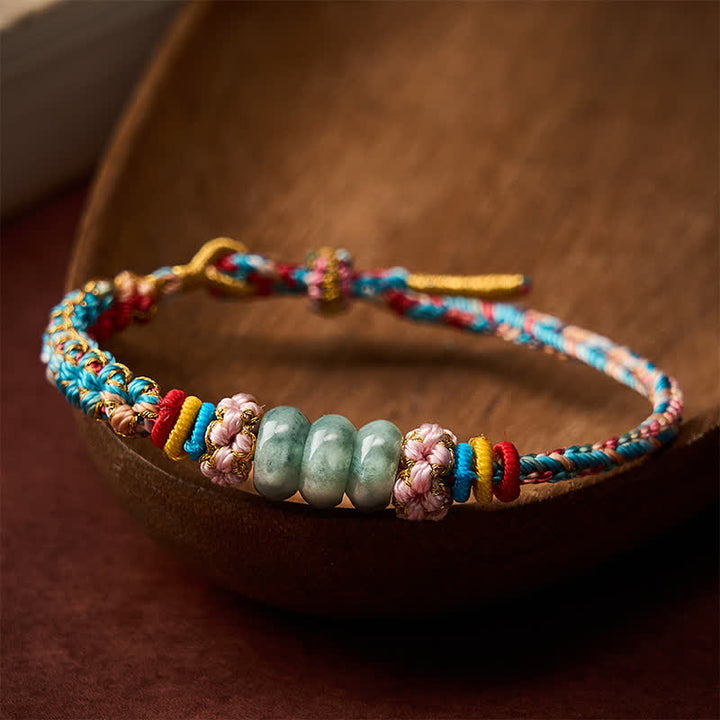 Buddha Stones Pulsera de cuerda de jade multicolor con flor de durazno tejida a mano para la buena suerte - image 3
