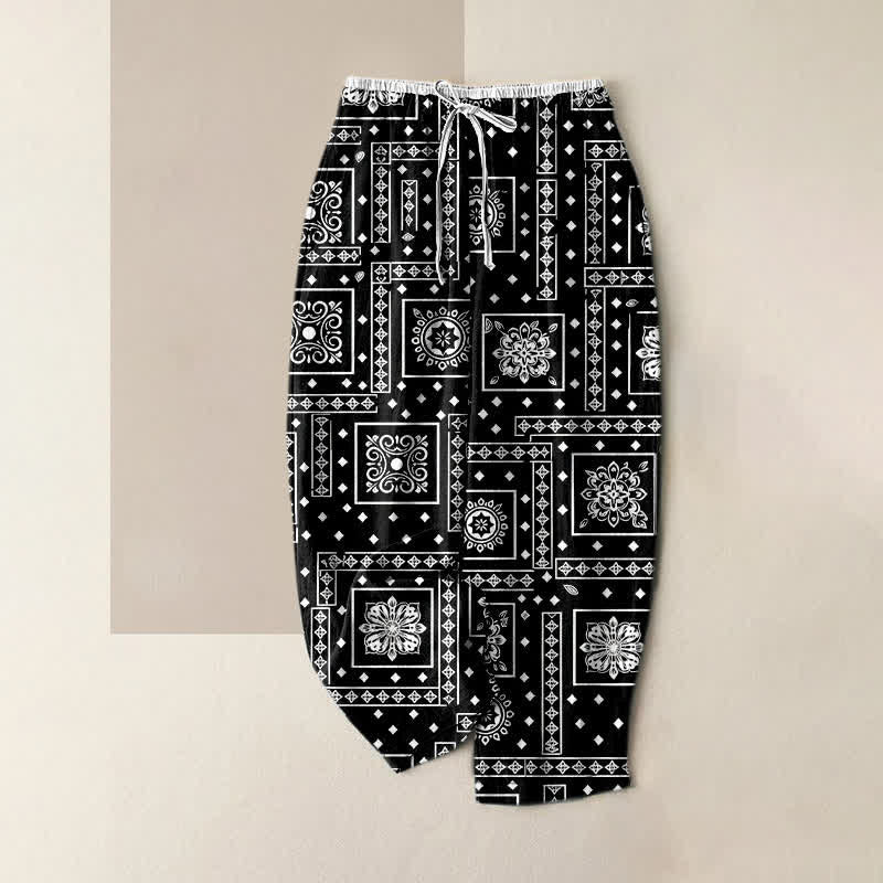 Buddha Stones Pantalones de mujer de algodón puro con estampado de pañuelo vintage y cintura elástica, con bolsillos. - Negro - US16，UK/AU20，EU48 (3XL) - image 0