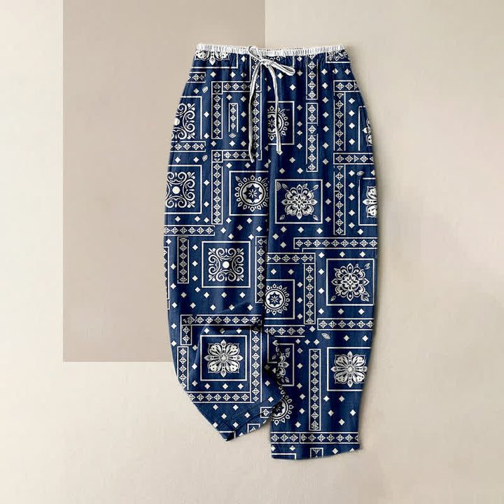 Buddha Stones Pantalones de mujer de algodón puro con estampado de pañuelo vintage y cintura elástica, con bolsillos. - Marina de guerra - US16，UK/AU20，EU48 (3XL) - image 4