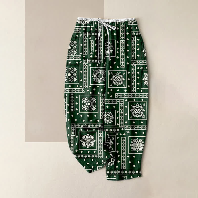 Buddha Stones Pantalones de mujer de algodón puro con estampado de pañuelo vintage y cintura elástica, con bolsillos. - Verde bosque - US16，UK/AU20，EU48 (3XL) - image 5
