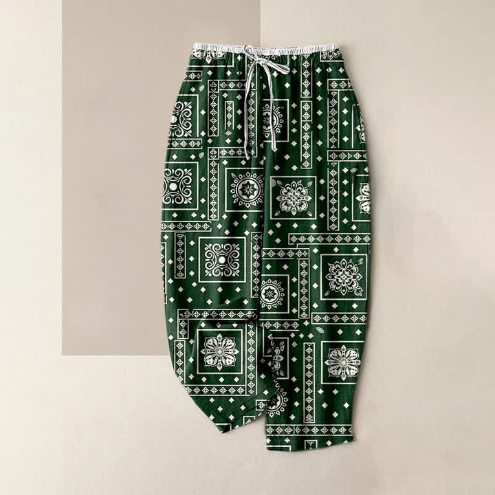 Buddha Stones Pantalones de mujer de algodón puro con estampado de pañuelo vintage y cintura elástica, con bolsillos. - Verde bosque - US16，UK/AU20，EU48 (3XL) - image 5