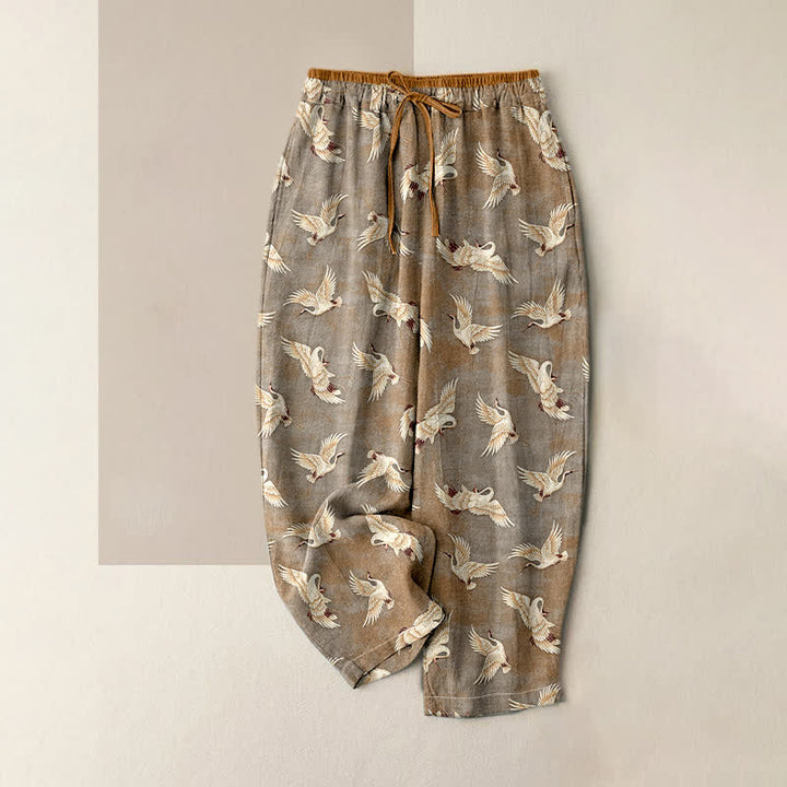 Buddha Stones Pantalones de mujer de algodón puro con elegante estampado de grullas, cintura elástica y bolsillos. - Broncearse - US16，UK/AU20，EU48 (3XL) - image 3