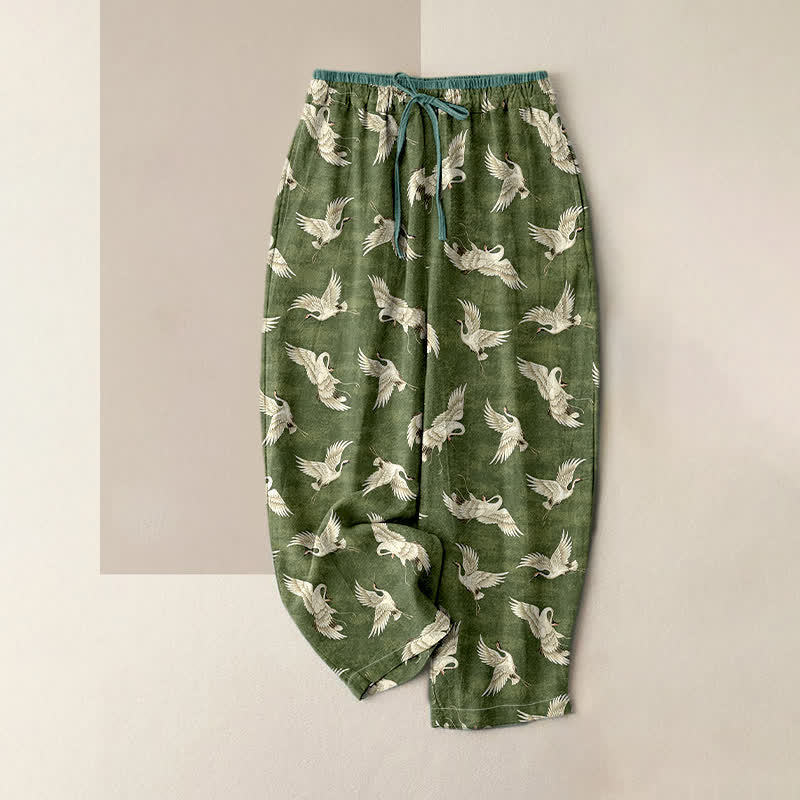 Buddha Stones Pantalones de mujer de algodón puro con elegante estampado de grullas, cintura elástica y bolsillos. - Verde oliva - US16，UK/AU20，EU48 (3XL) - image 4
