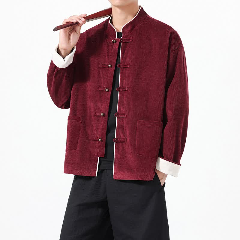 Buddha Stones Chaquetas de pana lisas para hombre con bolsillos, estilo vintage Tang, botones de rana, ideales para otoño e invierno. - Granate - US/UK/AU46, EU56 (5XL) - image 0