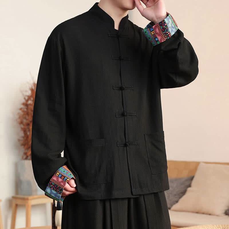 Buddha Stones Camisas de manga larga para hombre de algodón y lino, estilo casual, con botones de rana y bolsillo, estilo Tang otoñal. - image 1