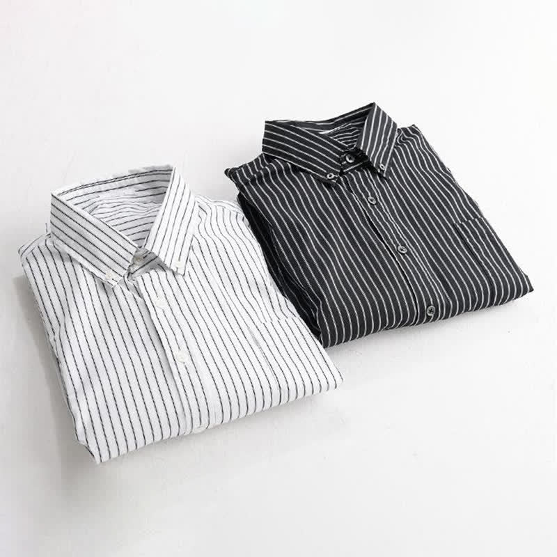 Buddha Stones Camisas de manga larga de algodón a rayas para hombre, estilo casual de primavera y otoño, con botones y bolsillo. - image 14