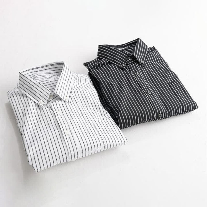 Buddha Stones Camisas de manga larga de algodón a rayas para hombre, estilo casual de primavera y otoño, con botones y bolsillo. - image 14