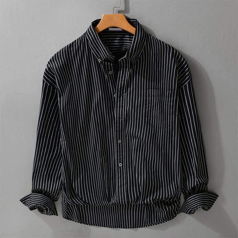 Buddha Stones Camisas de manga larga de algodón a rayas para hombre, estilo casual de primavera y otoño, con botones y bolsillo. - Negro - US/UK/AU42, EU52 (3XL) - image 0