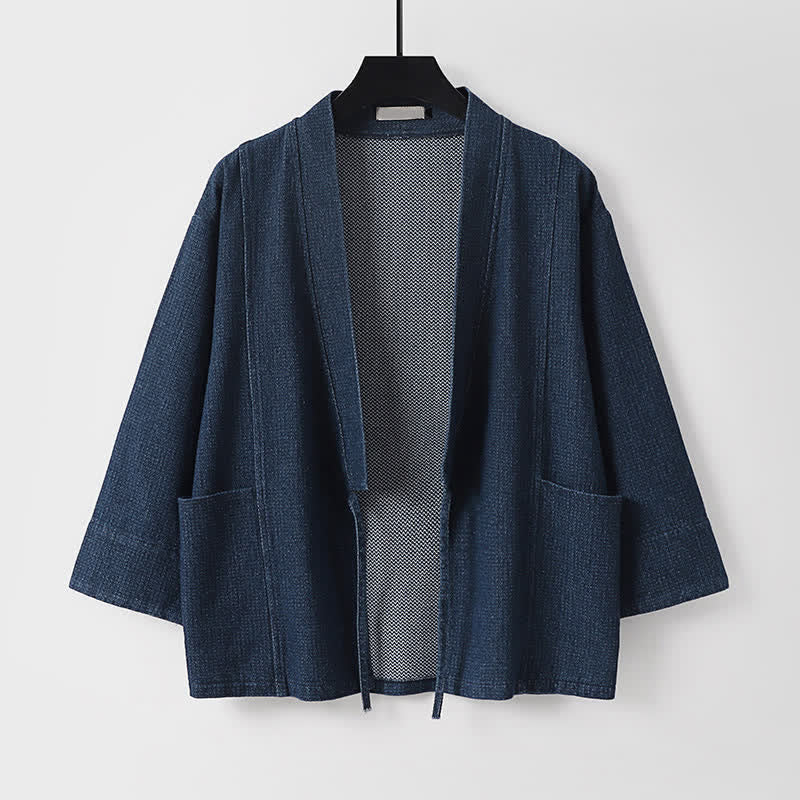 Buddha Stones Kimono de hombre de algodón y lino liso, estilo casual de otoño, minimalista, con cordón ajustable y bolsillo. - Marina de guerra - US/UK/AU54, EU64 (9XL) - image 0