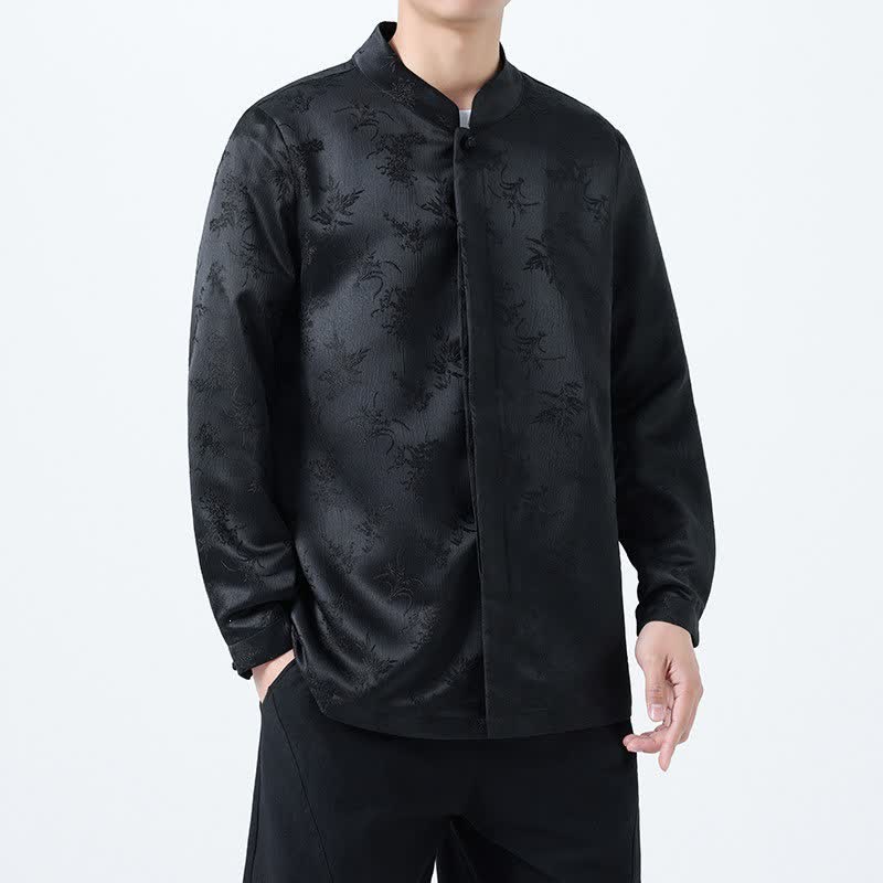Buddha Stones Camisas de manga larga para hombre con cuello mandarín y estampado floral, estilo vintage de otoño. - Negro - US/UK/AU46, EU56 (5XL) - image 0