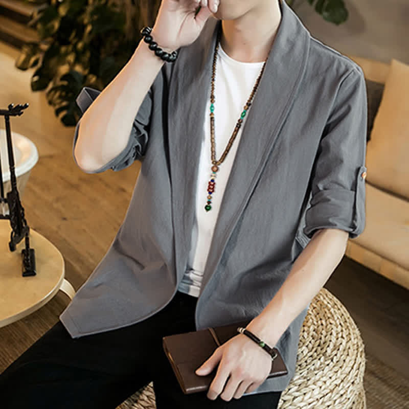 Buddha Stones Kimono minimalista liso para hombre, estilo casual, primavera-otoño. - image 9