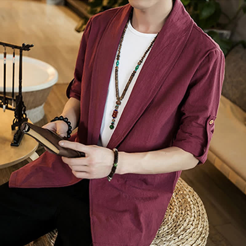Buddha Stones Kimono minimalista liso para hombre, estilo casual, primavera-otoño. - image 23