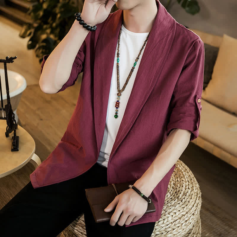 Buddha Stones Kimono minimalista liso para hombre, estilo casual, primavera-otoño. - image 22